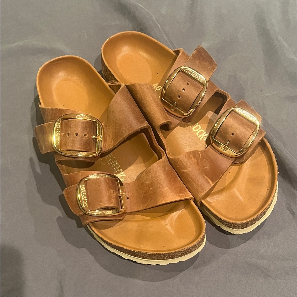 Birkenstock Brown Sandals with Gold Buckles